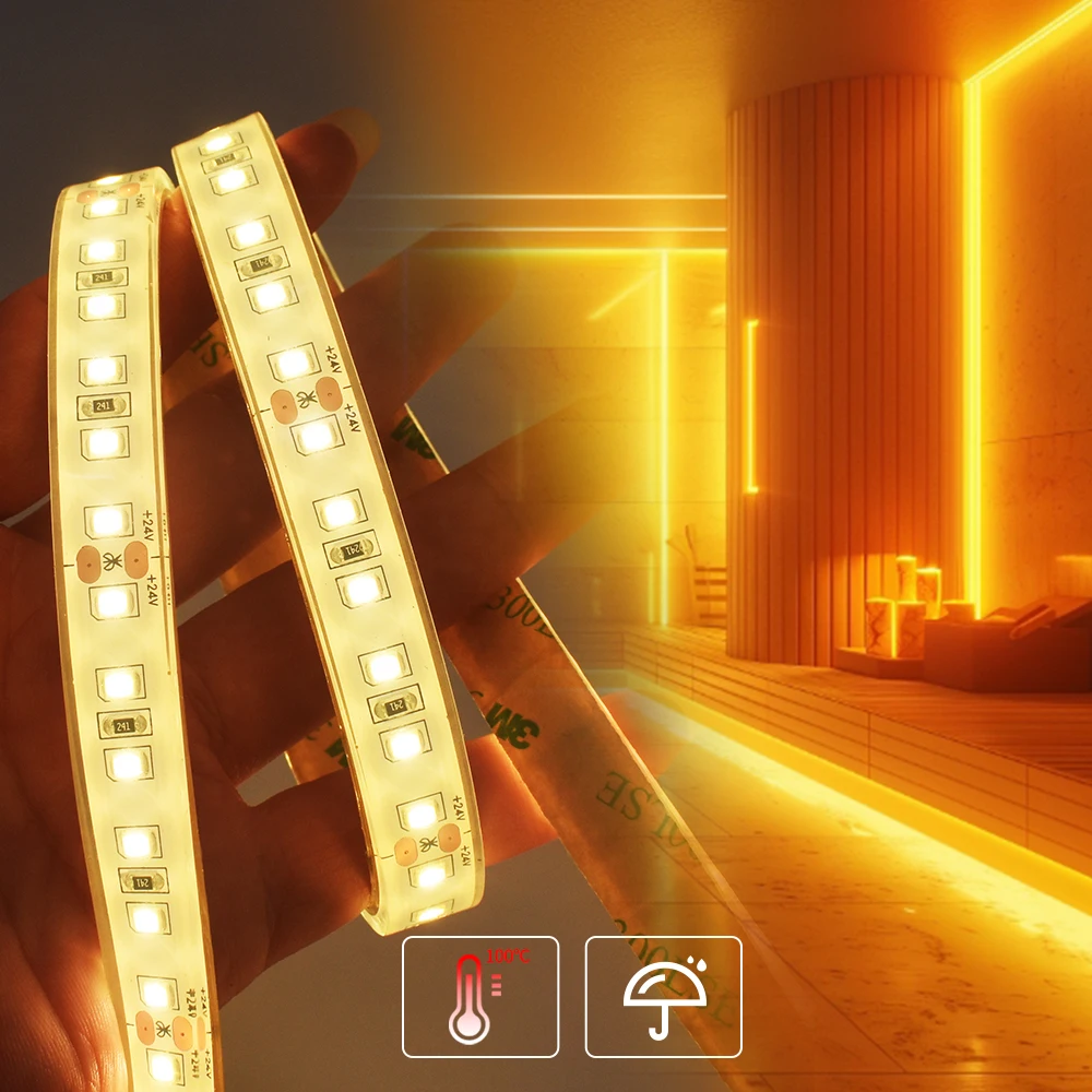 High Temperature 105C Sauna LED IP68 Waterproof Stream Saunas Room Flexible Linear Lights 24V 2700K Warm White LED Strip Lights