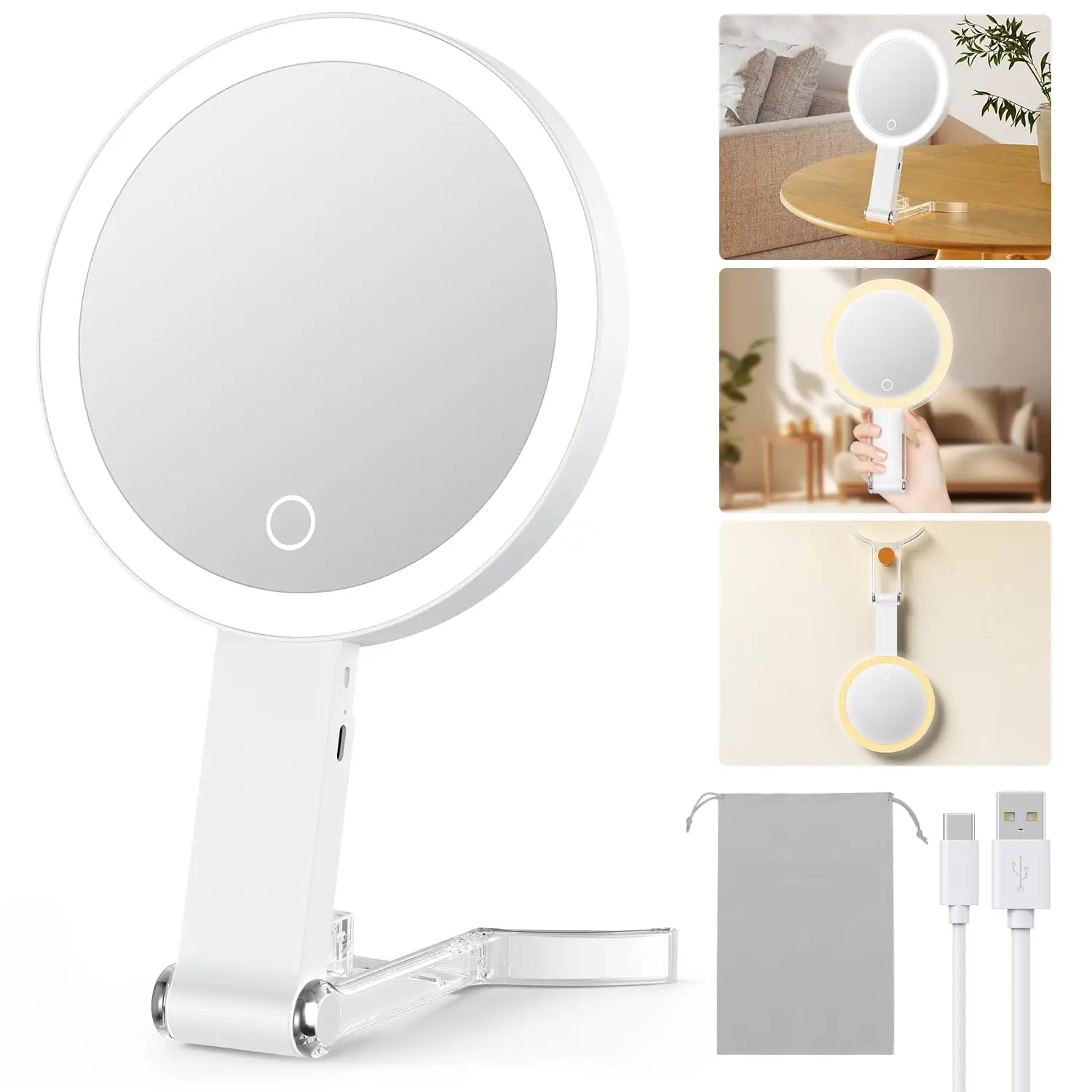 3 in 1 Hand Held Tabletop Hanging Mirror Magnification 10X Portable Travel Mirror Lighted Makeup Mirror with Lights