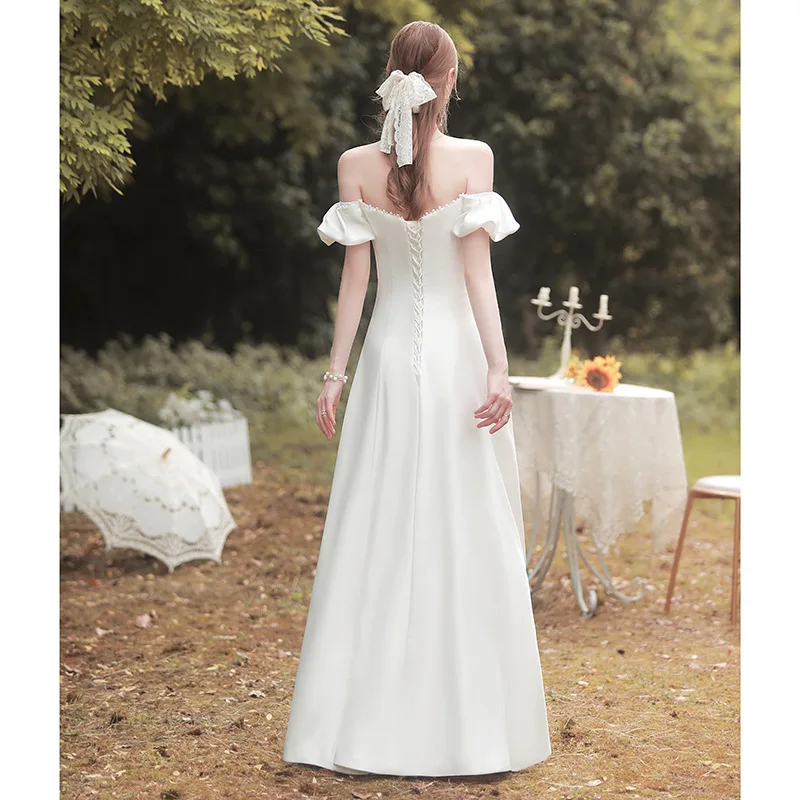 2023 Ethnic Clothing French Style Light Wedding Dress Satin Simple Fashion Elegant  Off-Shoulder Mermaid Wedding Dress with Slit