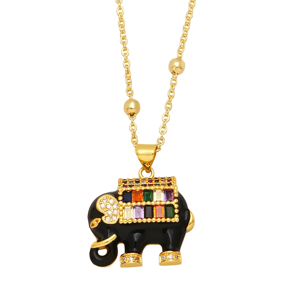Fashion Black White Enamel Elephant Pendant Necklace Gold Plated Micro Pave Rainbow Zircon Animal Amulet Necklace Women Jewelry