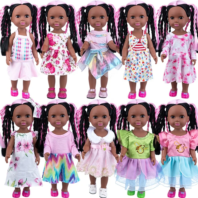 Role playing game toy 14inch oem pink braid hair black girl doll