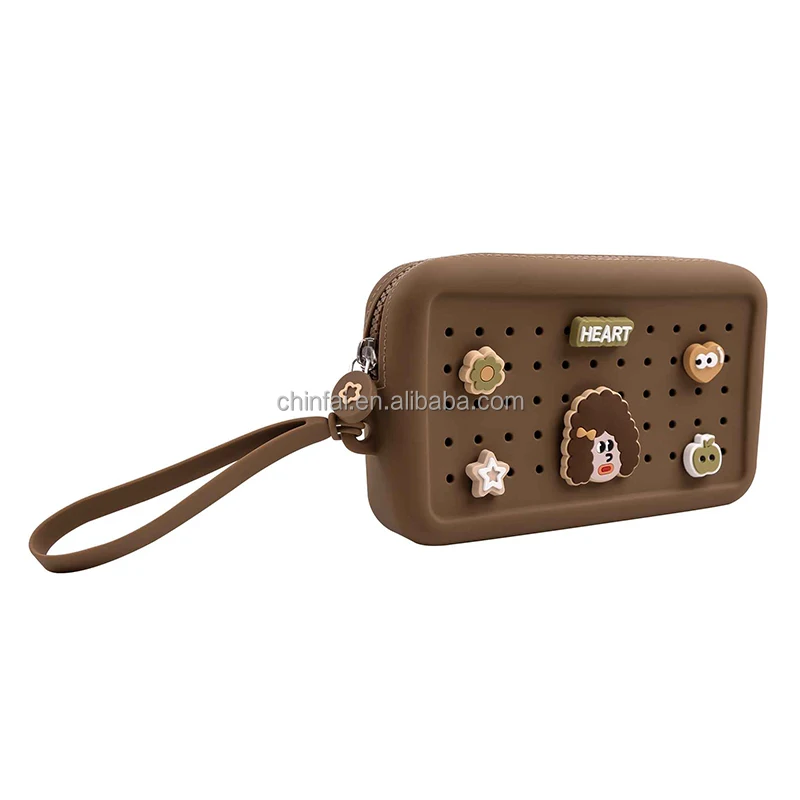 Chinfai Customized Hole Charms Portable Zipper Silicone Mobile Bag with Strap