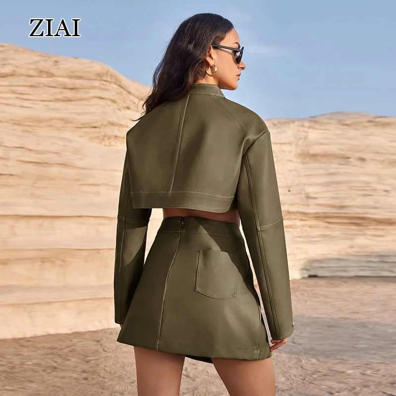 2024 Spring Summer Original Design Motorcycle Leather Coat Leather Skirt Retro PU Leather Coat Set ladies winter jackets