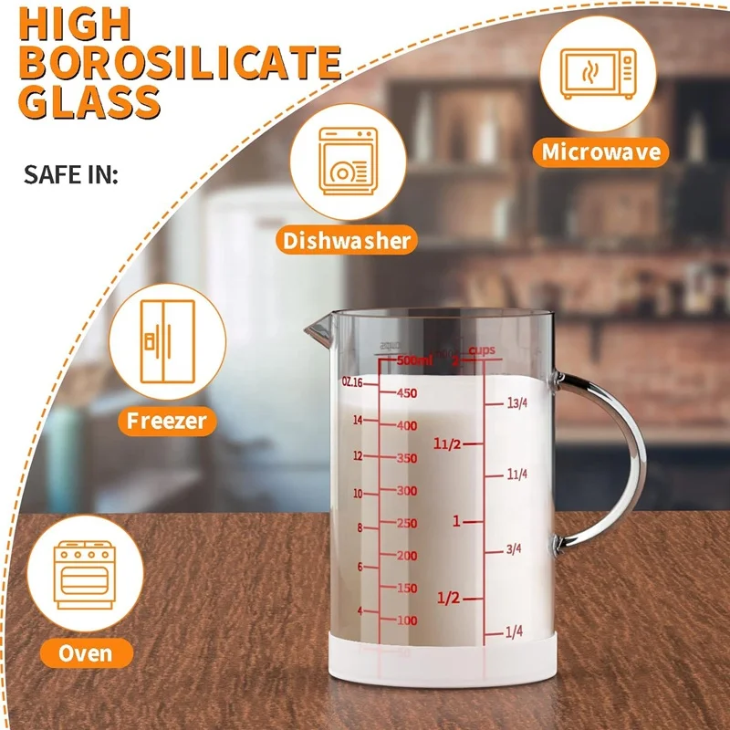 High Borosilicate Glass Measuring Cups with Scale,500ml Liquid Cups with Large Handle and V-Shaped Spout Bulk Promotion Gift