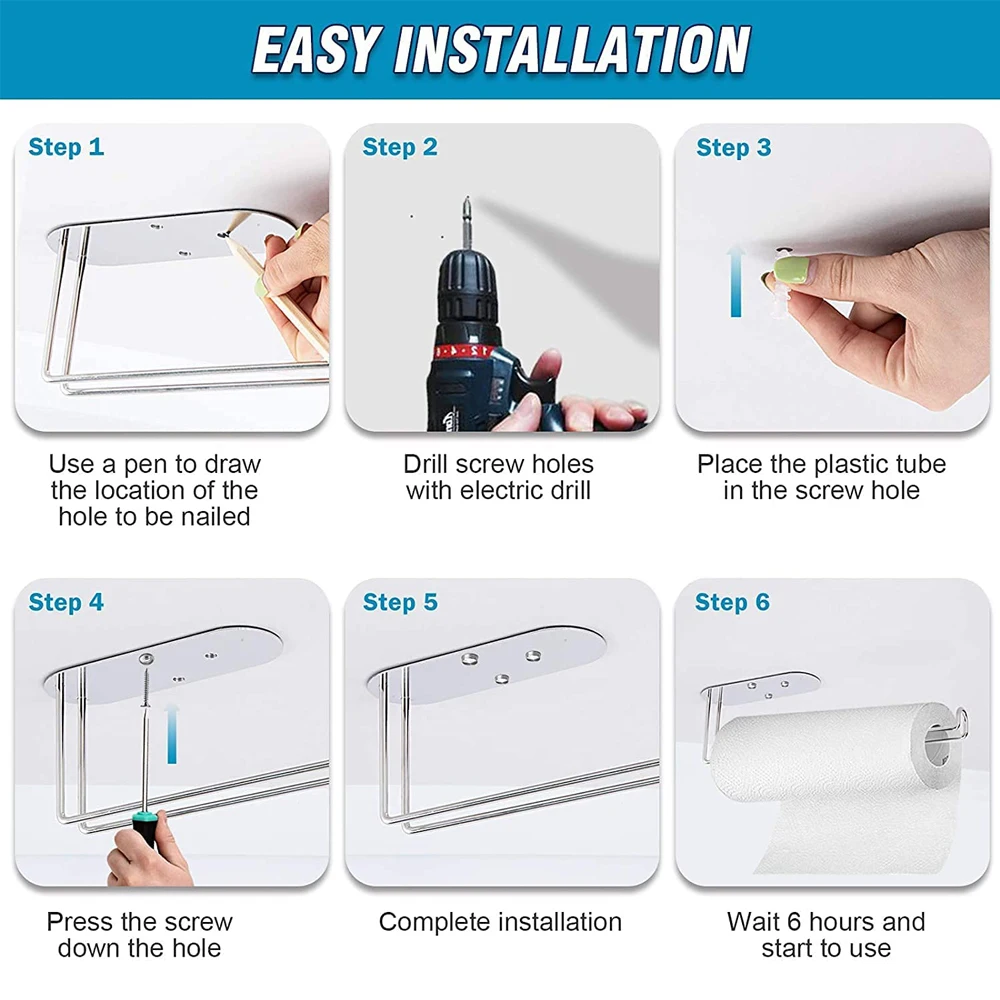 Paper Towel Holder Under Cabinet Mount Self Adhesive & Wall Mount Fits in Kitchen or Bathroom SUS304 Stainless Steel