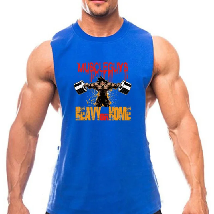 New men summer Muscular man elastic force Breathable GYM clothes printing Anime pattern Fitness Loose sleeveless Tees vest
