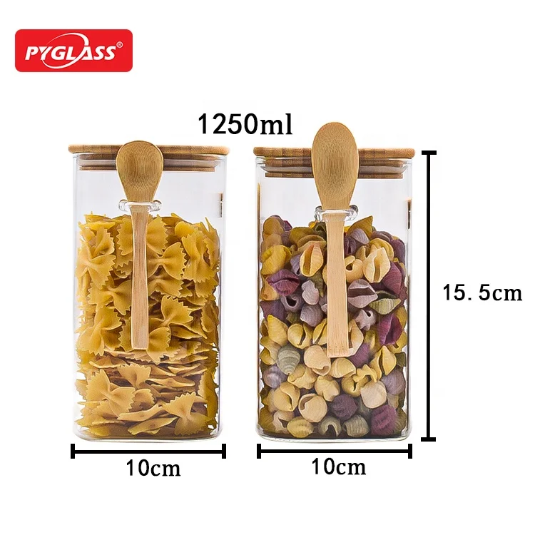 Square  Borosilicate Glass Food Spice Jar with Spoon,Glass Food Storage Containers for Coffee Beans,Tea Leaf and More