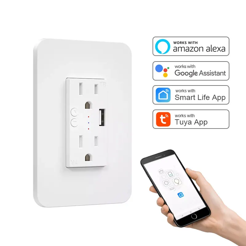 15amp 125V Smart Wifi US Decorator Duplex Electrical Wall Receptacle Outlet Socket With Tamper Resistant