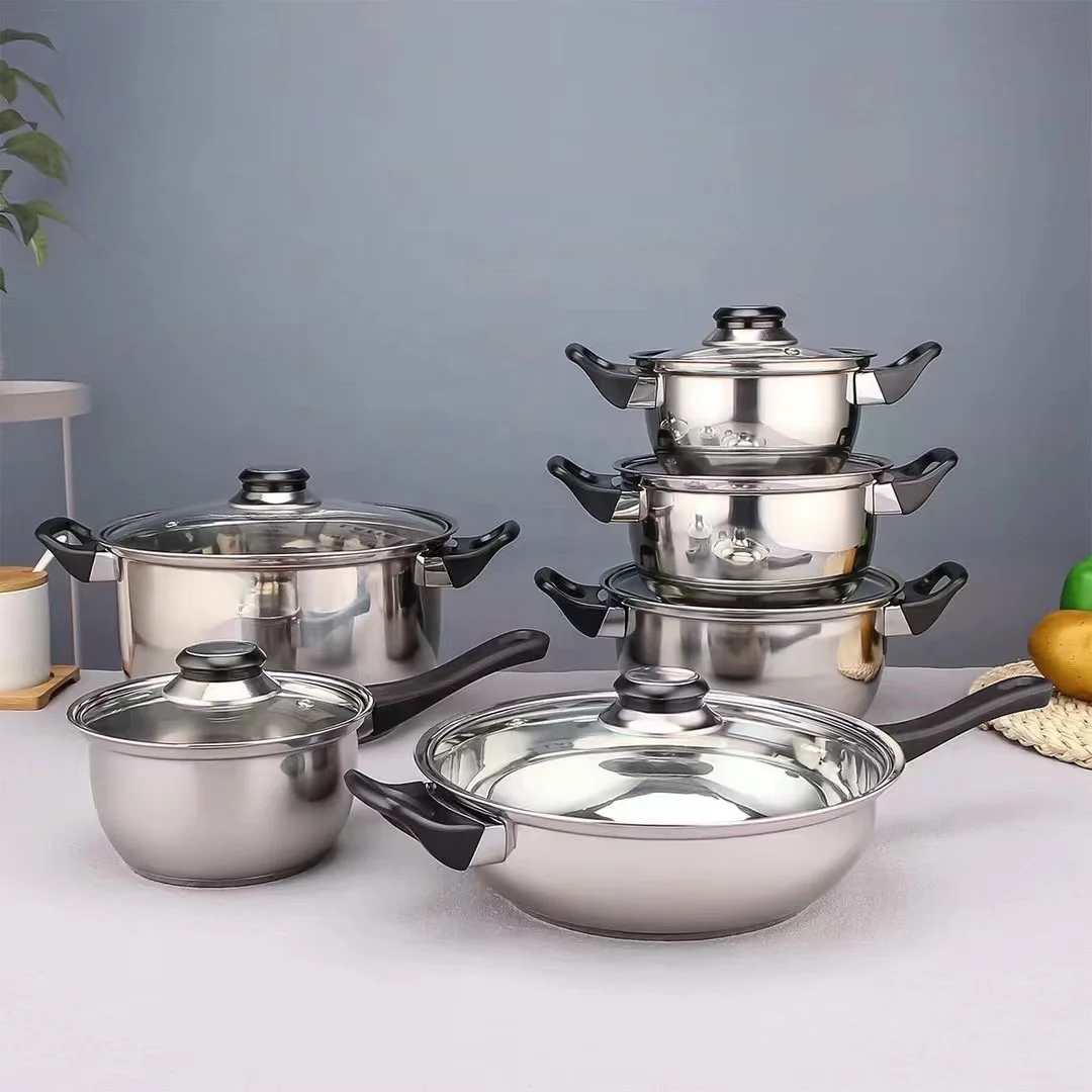 12 pcs set of Southeast Asian Indonesian stainless steel 201 multi layers bottom saucepan stock pot casserole frypan for kitchen