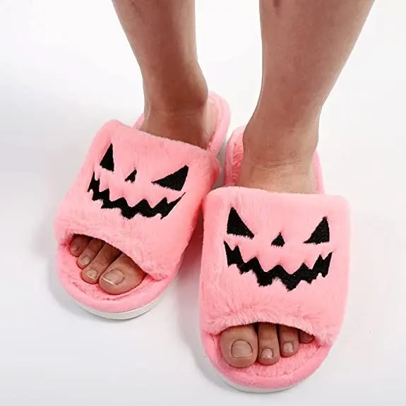Halloween Pumpkin Lantern Slippers Autumn Soft Furry Comfort Closed Toe Slides Women Outdoor Slipper Zapatos Mujer Pumpkin Shoes