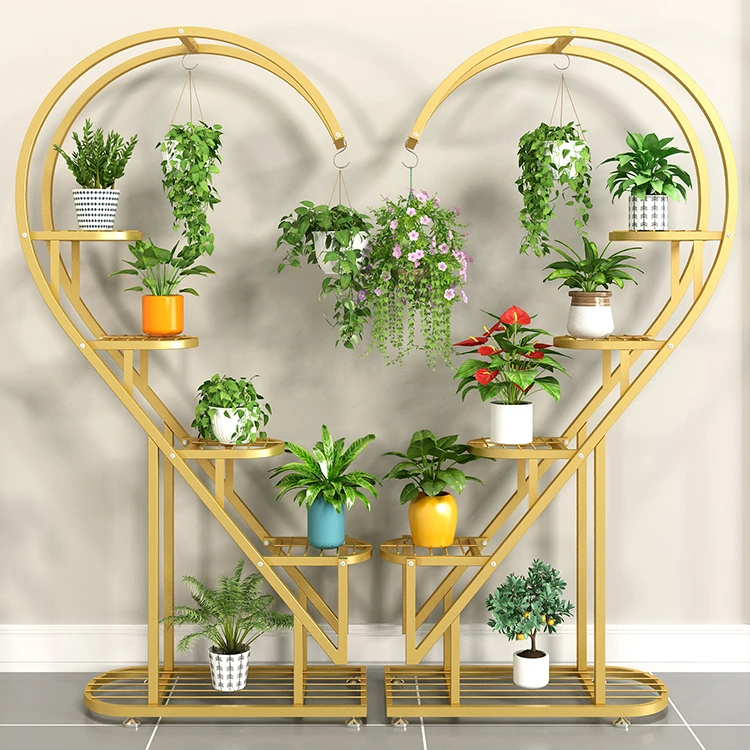 Современная уличная металлическая комнатная гостиная много отделений Роскошный Золотой Горшок для растений новый дизайн в форме сердца Цветочная Подставка Полка