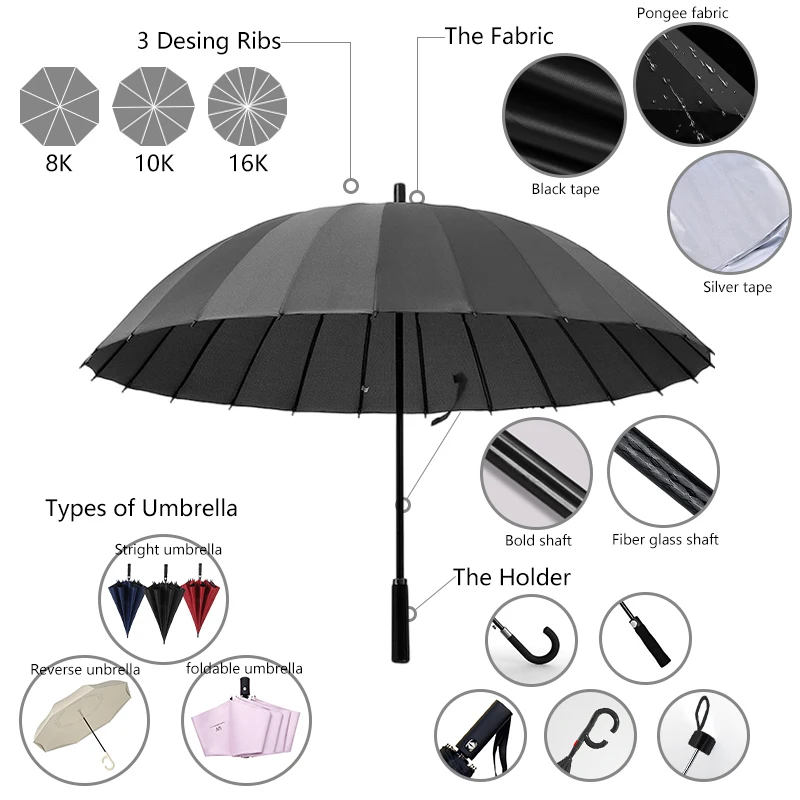 Custom Design Windproof Strong 24 Ribs Outdoor Manual Straight Rain Umbrella Wholesales Stands Custom Golf Umbrella with Logo