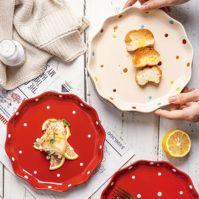 Hand Painted Polka Dots Cute Ceramic Dishes Casual Round Shape Cake Plates Sets Dinnerware