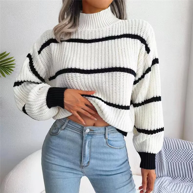 2024 Autumn/Winter European and American  Casual Stripe Lantern Sleeves Half High Neck Knitted Pullover Sweater for Women