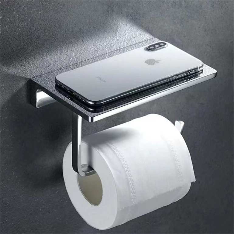 Wall Mounted Toilet Paper Holder Black Color Brass Bathroom Usage With Mobile Phone Shelf