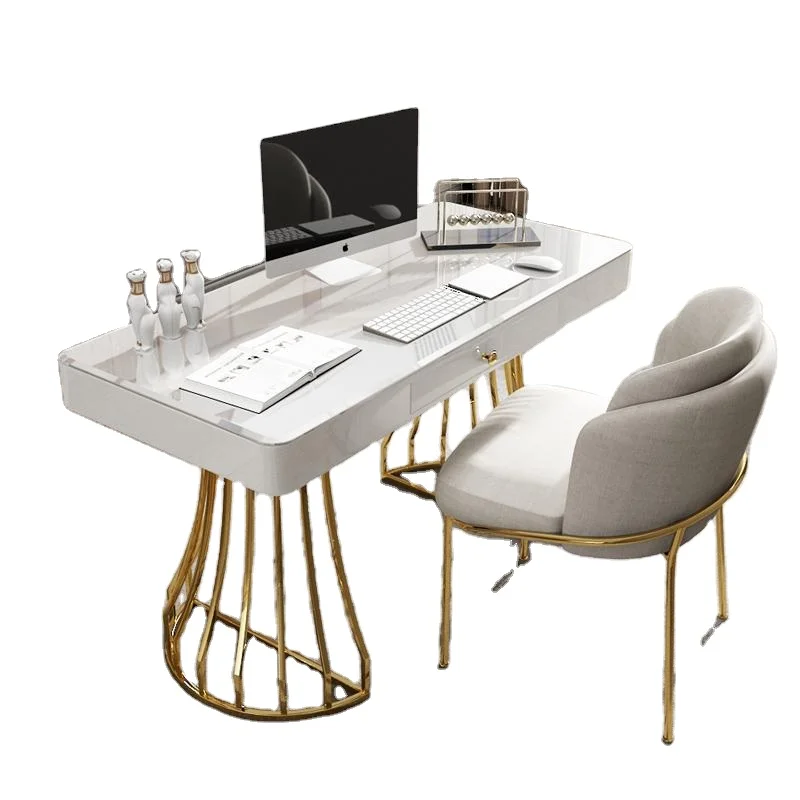 Wholesale Nordic Cheap Fashion Office Furniture Light luxury office table and chair set metal writing desk glass computer desk