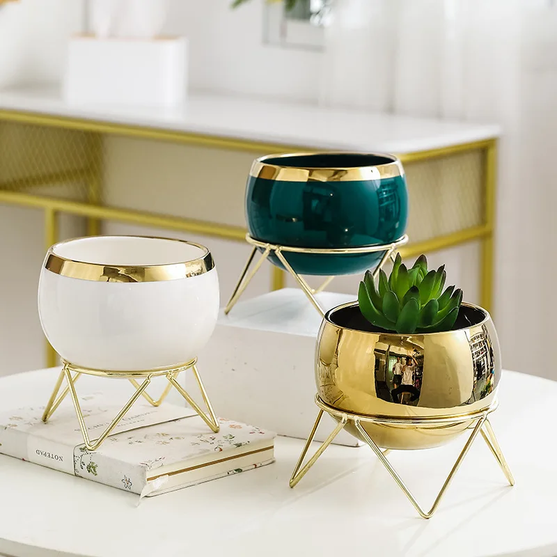 Hot Selling Creative Succulent Planter with Metal Frame Simple Ceramic Plant Pots