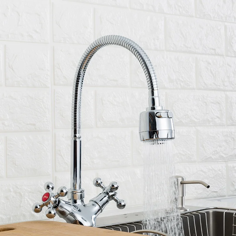 2023 New Silver Double handle Kitchen faucet Mixer Cold and Hot Kitchen Tap Single Hole Water Tap F4319