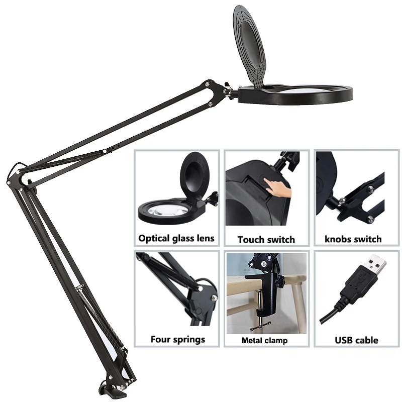 LED Magnifying Lamp - Daylight White Illumination 10X Magnifying Glass - Magnifier Desk Lamp with Light for Craft Reading Work