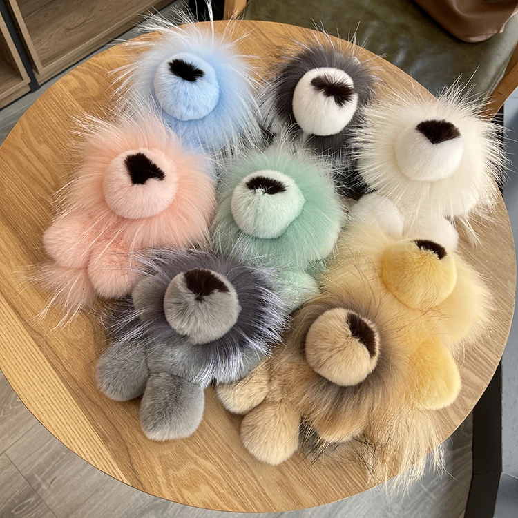 Cute Rex Rabbit Fur Little Lion Plush Bag Pendant Toy Doll Plush Ball Car Keychain Pendant