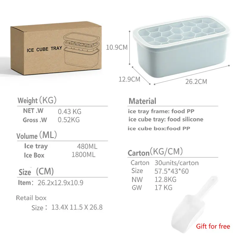 BPA Free Long Big Large Ice Tray Silicone Ice Cube Mold Honeycomb Shaped Designer Silicone Ice Cube Tray With Box Lid And Bin