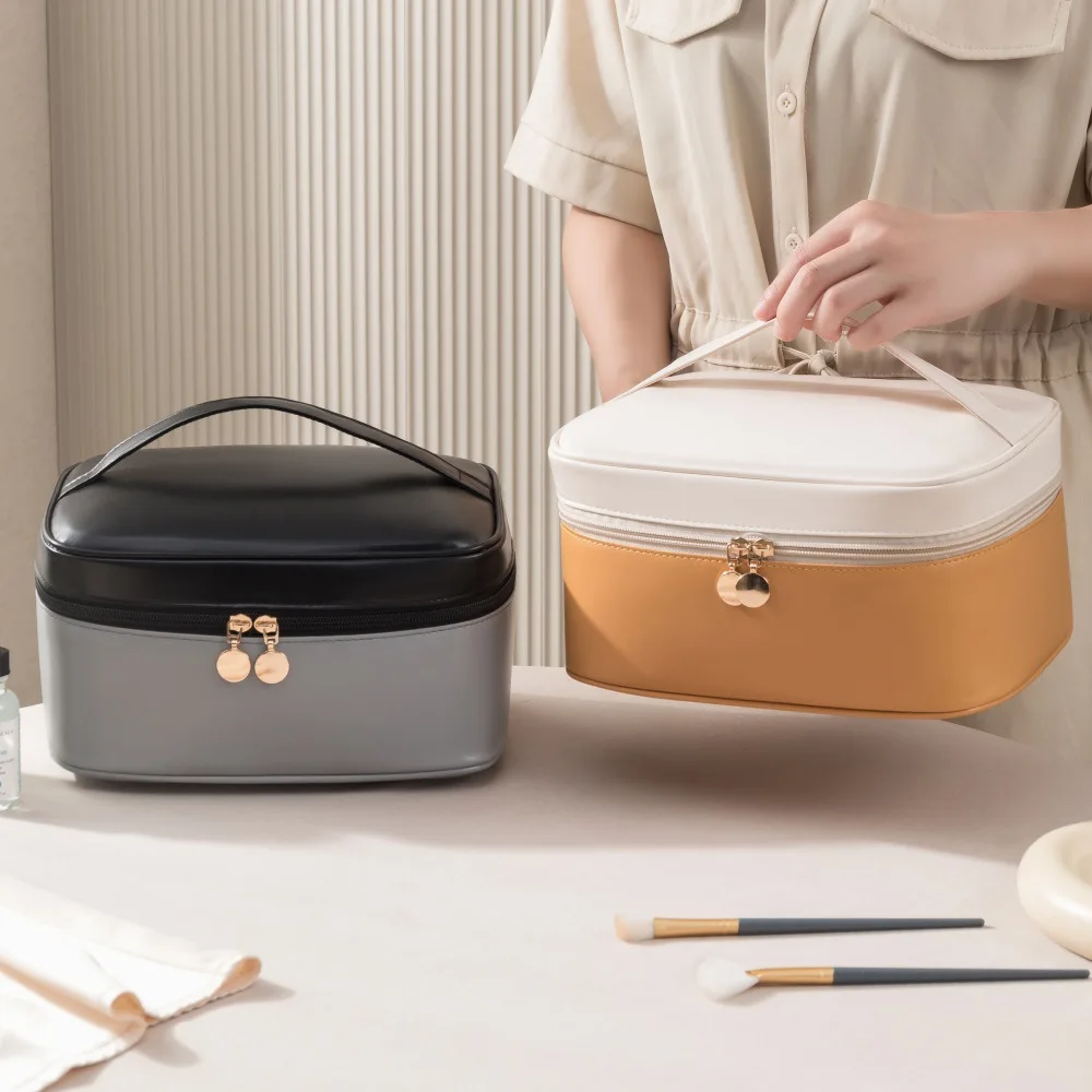 RU PU compartment makeup bag color matching waterproof wash bag large capacity patchwork handbag high beauty value storage bag