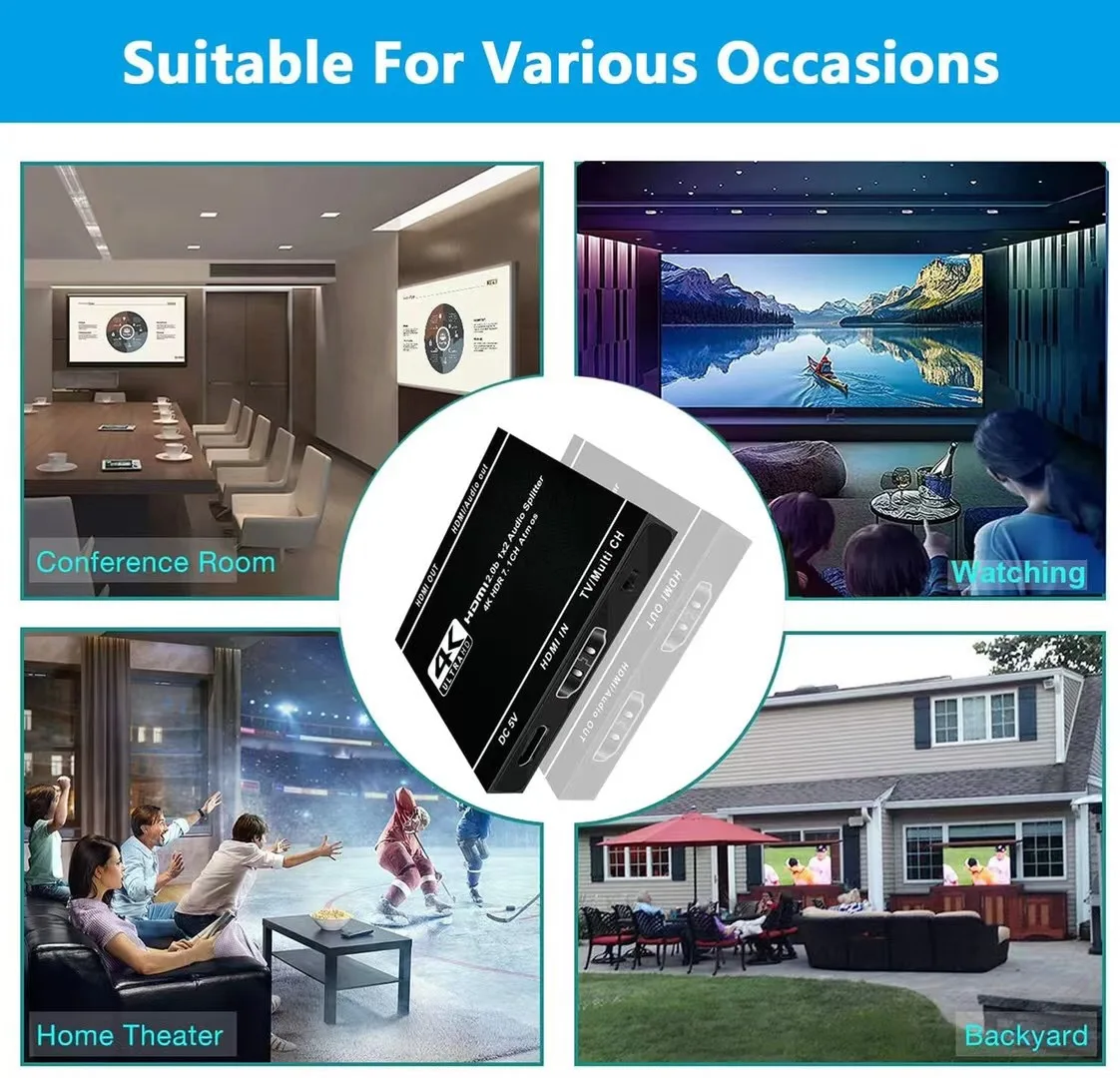 2 Mode HDMI Audio Splitter 1 in 2 Out, 1x2 HDMI 2.0b Splitter HDCP2.2 for Dual Monitors or Audio/HDMI Mixed Mode