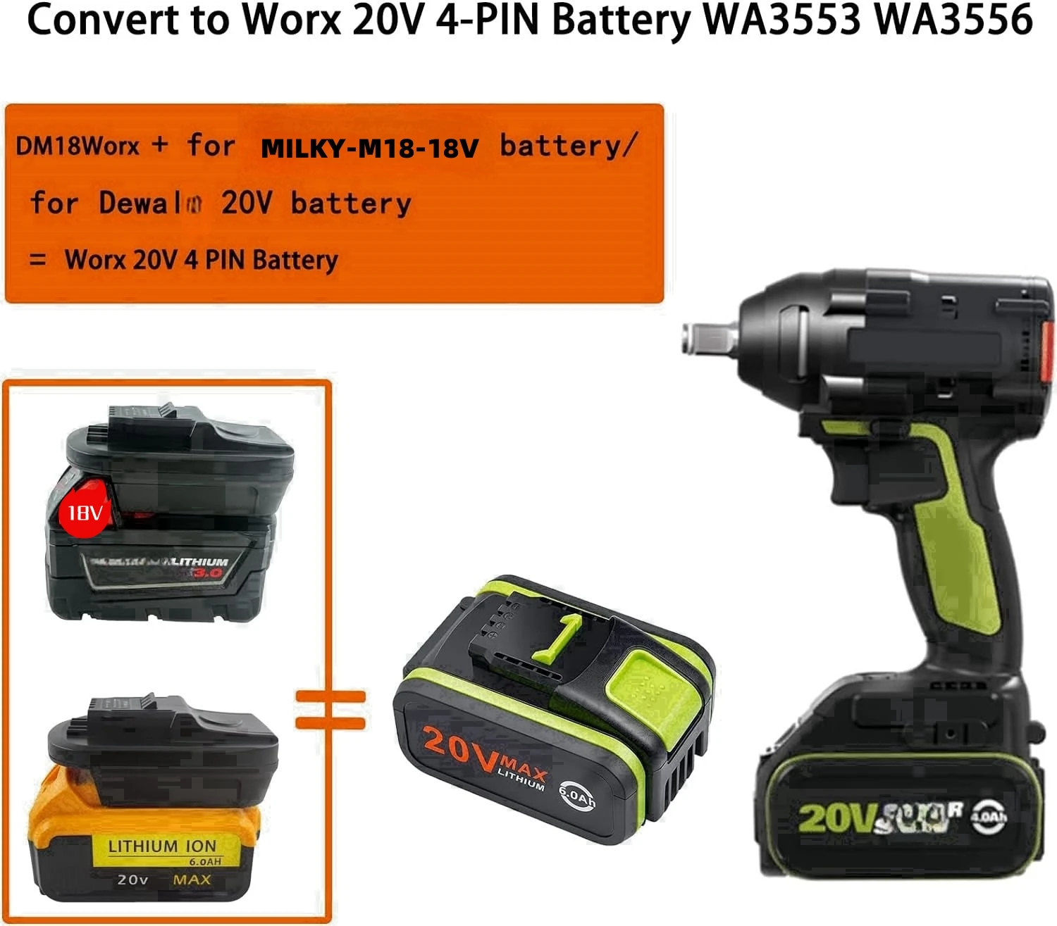 DM18Worx Adapter for MilK&Dewlt18/20V Batteries Convert for Worx 20V MAX WA3553 Power Share Lithium-ion battery