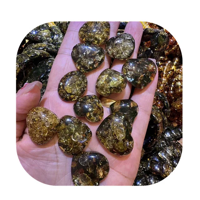 Wholesale carved love crystal heart gemston crafts natur dark yellow amber crystals mini heart shaped stone for sale