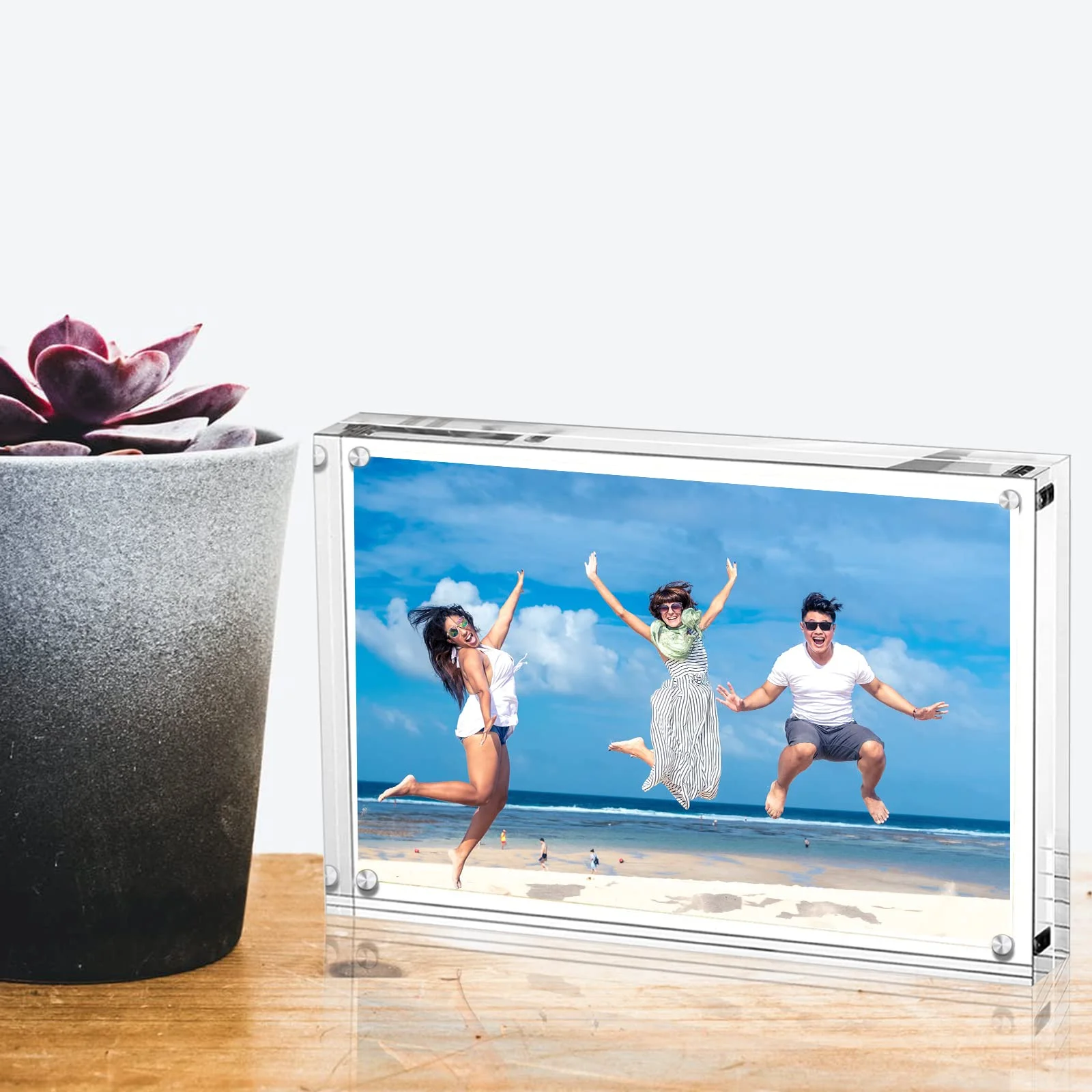 cheap luxury frameless reasonable price metal stud clear custom square stand photo frame shelf for photos 9.2*13.2*2 CM frame