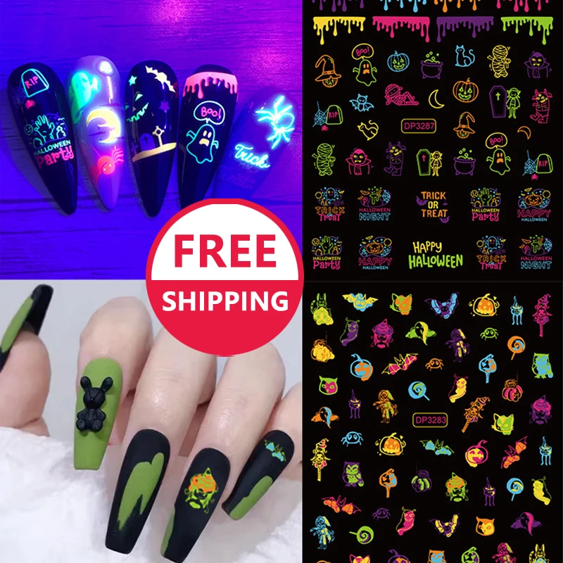 Halloween 3D Fluorescent Nail Decal Fairytale Adhesive Wraps Nail Stickers Decoration Animal Cartoon Nail Art For Girls
