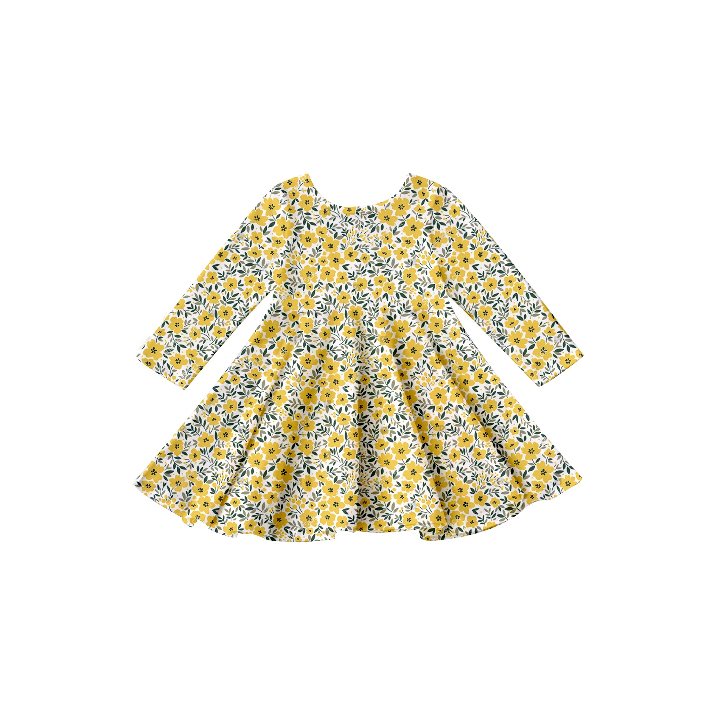 Girlymax 2023 Spring colorful  Floral Long Sleeve and Knee Length Baby Girls dresses