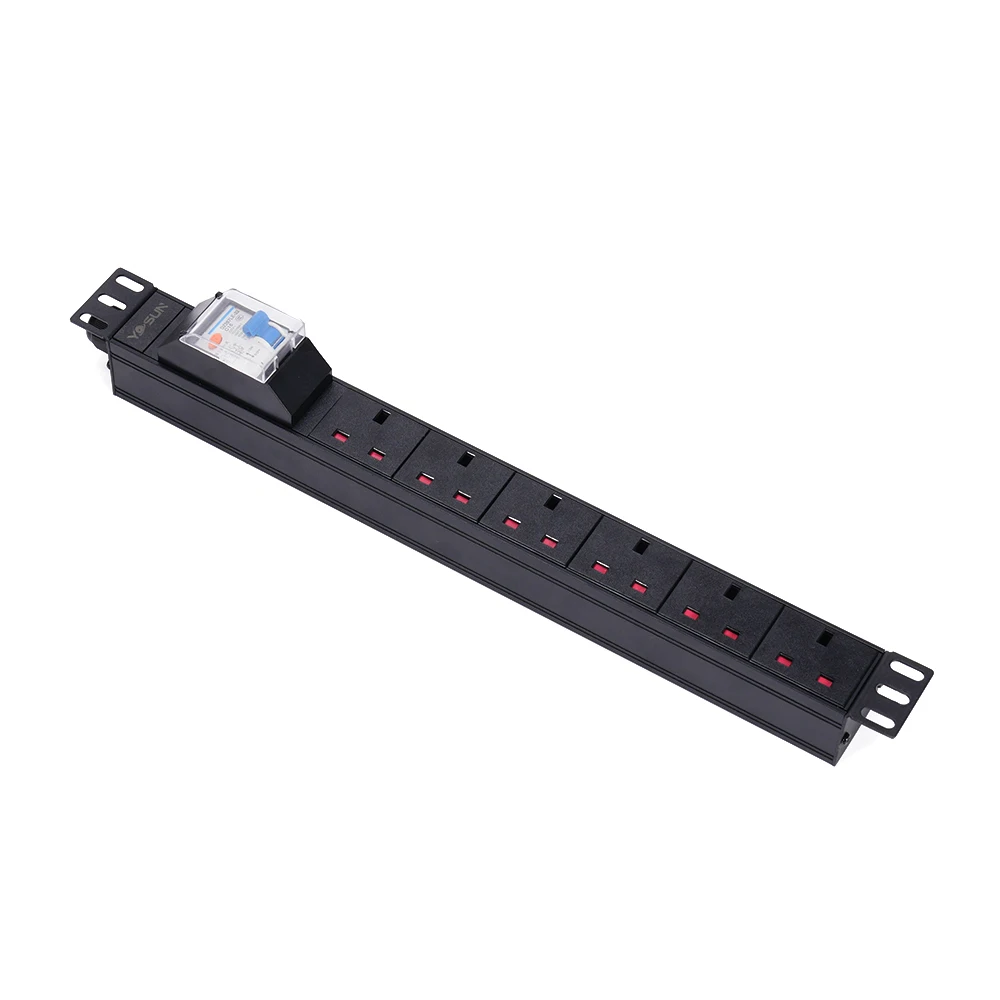Aluminium Shell 1U 19 Inch 6 Ways BS1363 UK Horizontal Basic Rack PDU with RCD for Data Center Cabinet