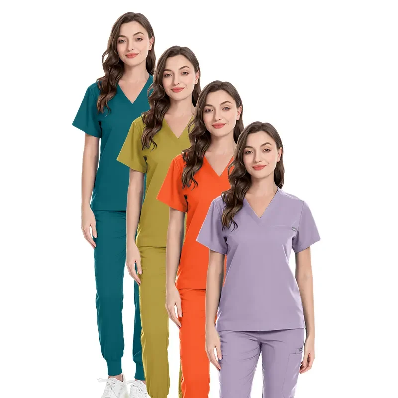 2023 New Style Women Hospital Scrub Uniform Sets Nurse Workwear UniformClothes Scrub Sets Stretch Spandex Navy Blue for Hospital