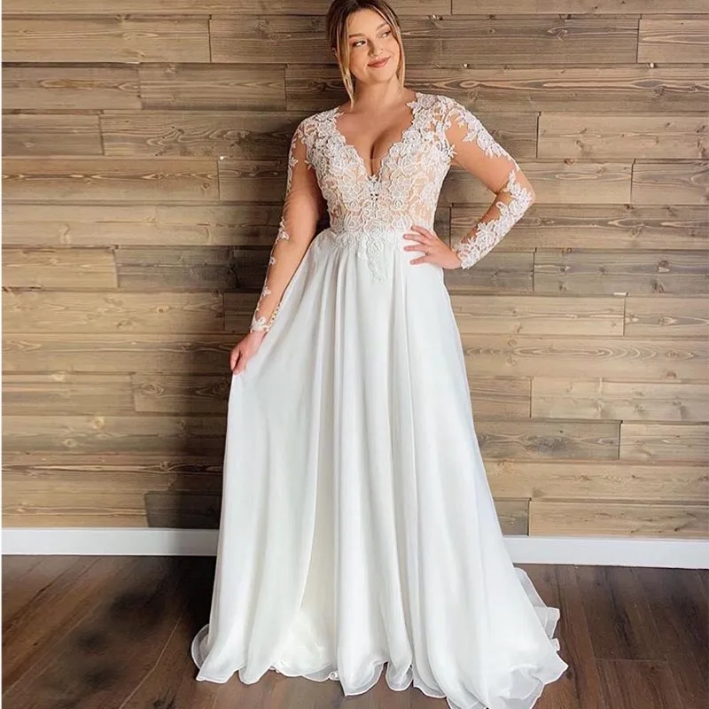 FA201 Plus Size Wedding Dresses Long Sleeves Chiffon Sheer Lace Applique V-neck Full Length White Beach Bridal Dress 2022
