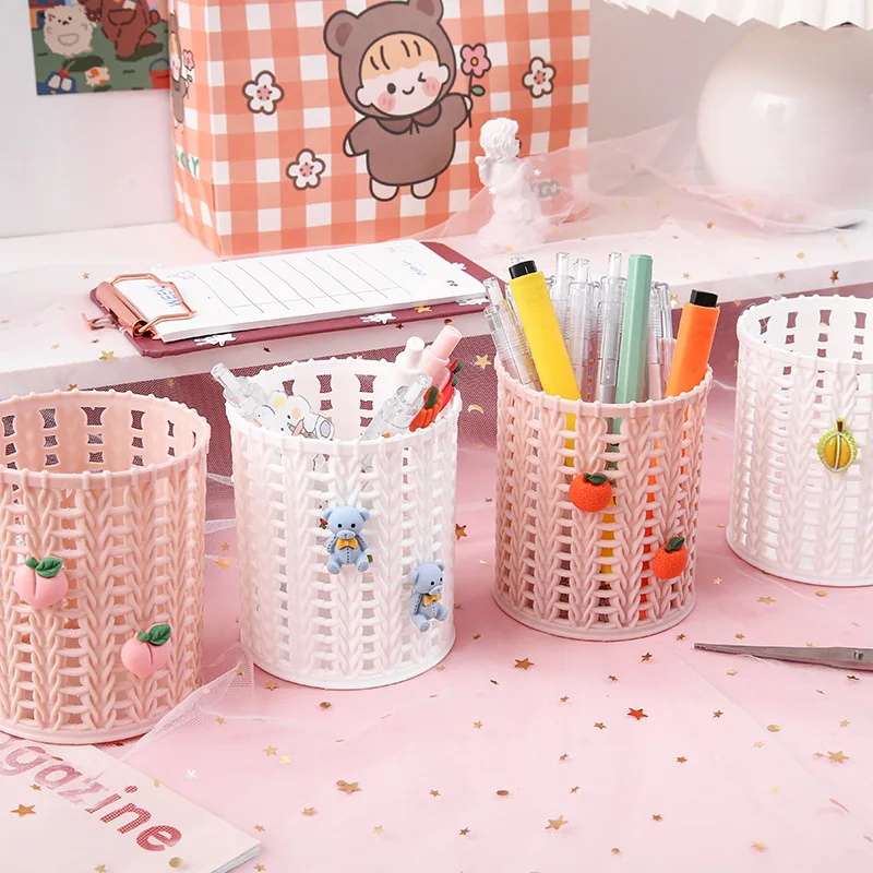 Cute Decorative Round Plastic Woven Pen Holder Student Office Desktop Clutter Collection Bucket