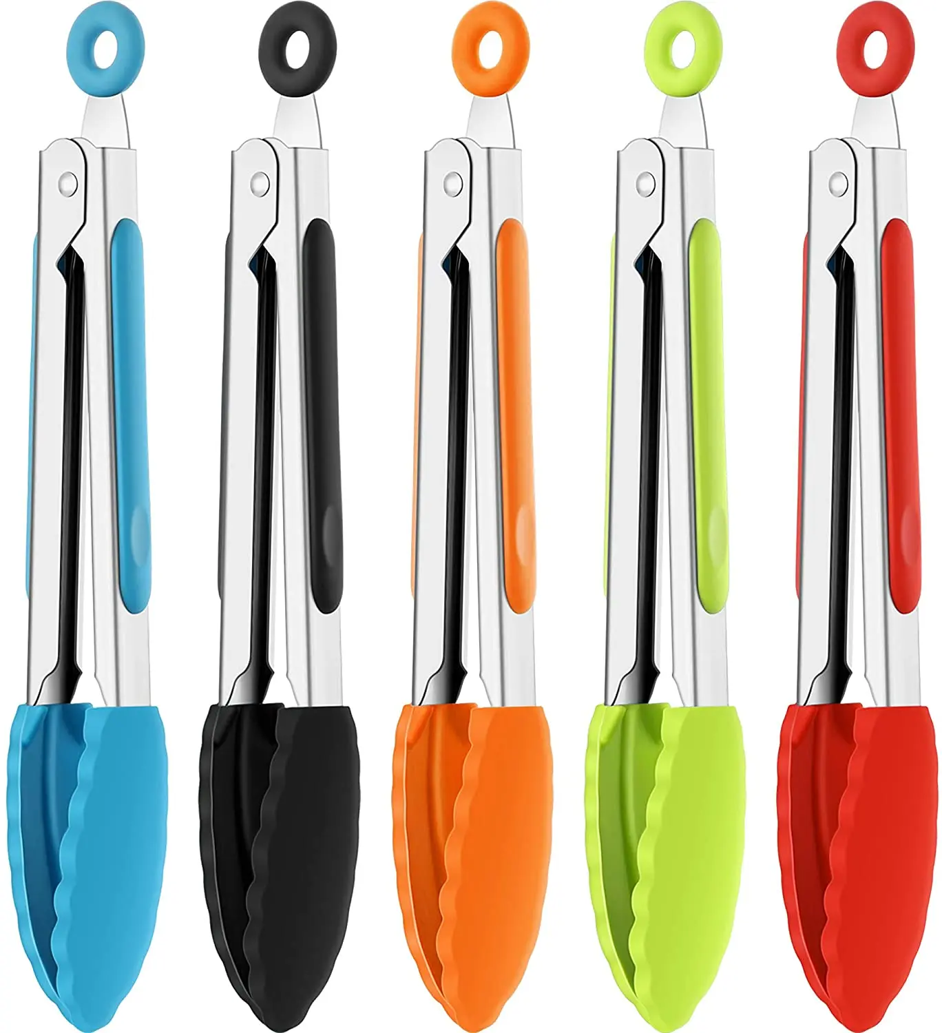 7 Inch Multi Color Stainless Steel Kitchen Tool Metal BBQ Barbecue Cooking Baking Grilling Locking Food Tongs with Silicone Tips