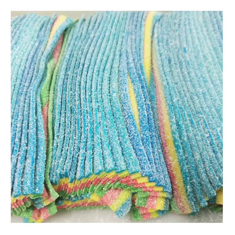wholesale rainbow sugar coated fruit flavor sour belt roll soft gummy candy and sweets