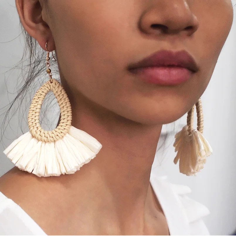 New Korea Bamboo Wooden Straw Weave Rattan Knit Vine Geometric Circle Triangle Long Drop Earrings For Women Girl Beach Jewelry