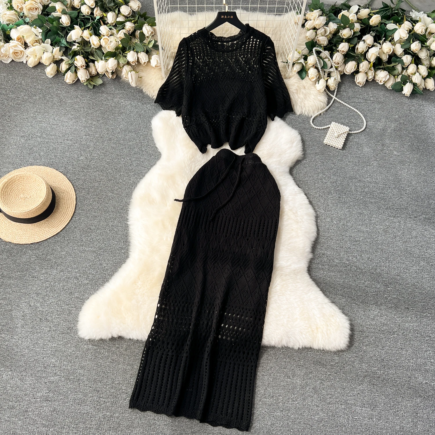 2024 Spring Korean 2 Piece Set For Women Top And Knitted Skirts Set Clothing Wholesale