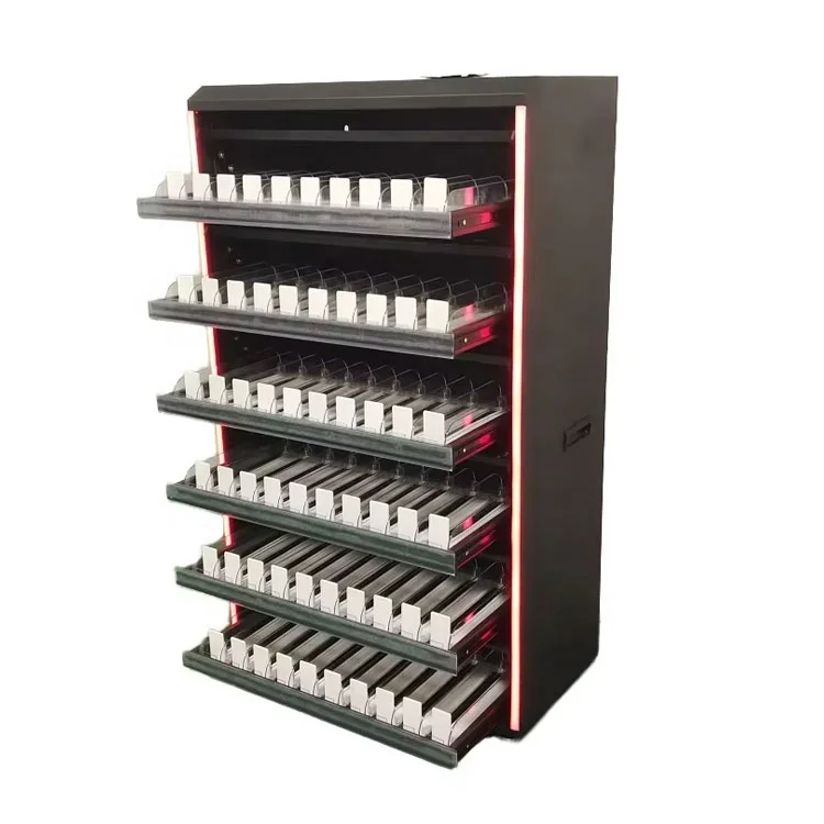 Gas Station Metal Cabinet Floor Showcase Store Led Cigarettes Display Stand Rack Wooden Tobacco Display Shelf Supplier