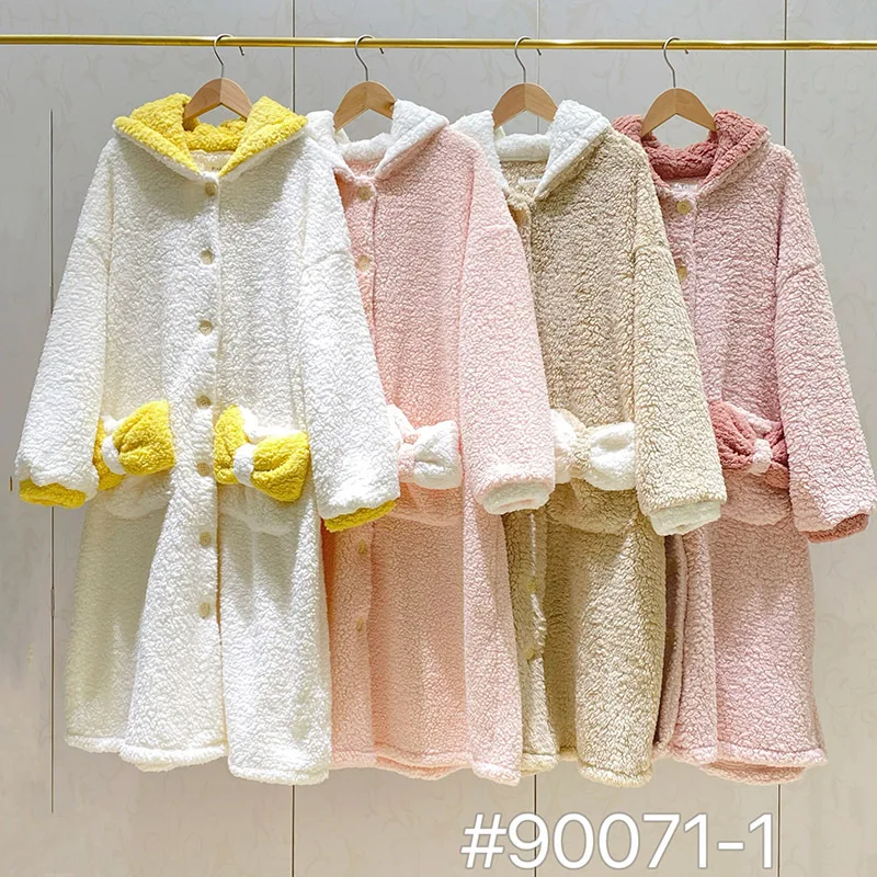Winter New Lambswool Bow Pink Hooded Nightgowns Women Long Sleeve Robe Home Wear Ladies Thick Pajamas