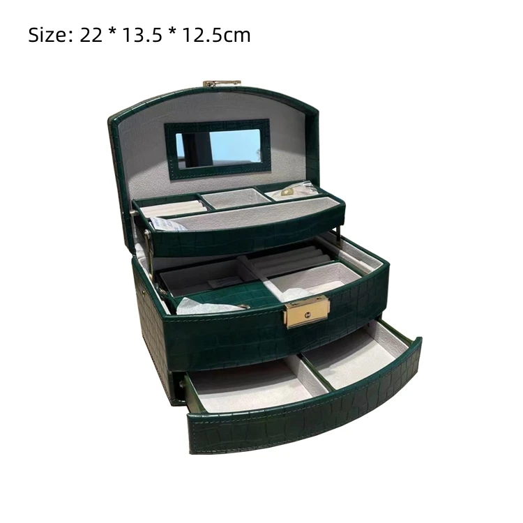 Portable three-layer leather jewelry box ring necklace large capacity jewelry storage box