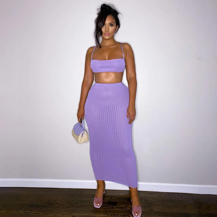 K22S20262 Knit Sexy Cami Top Skirt 2 Pieces Outfit Pleated Night Club Party Women set