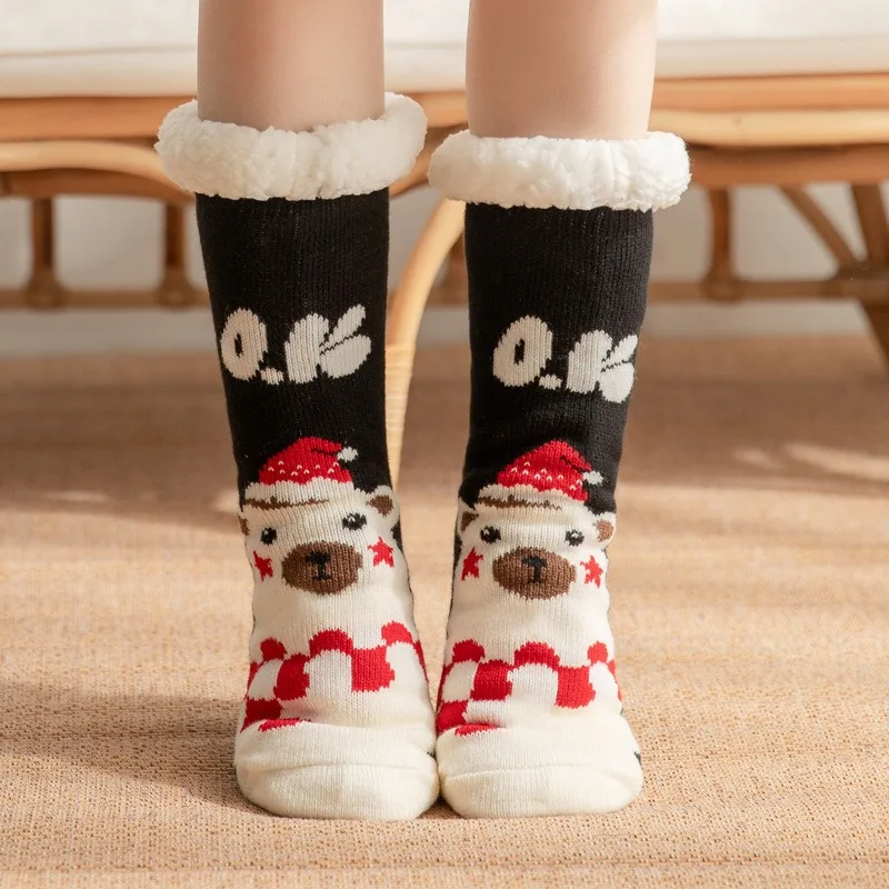 winter customized women warm indoor floor socks thermal non slip fur slipper socks  thick fuzzy  natural gingerbread dough socks