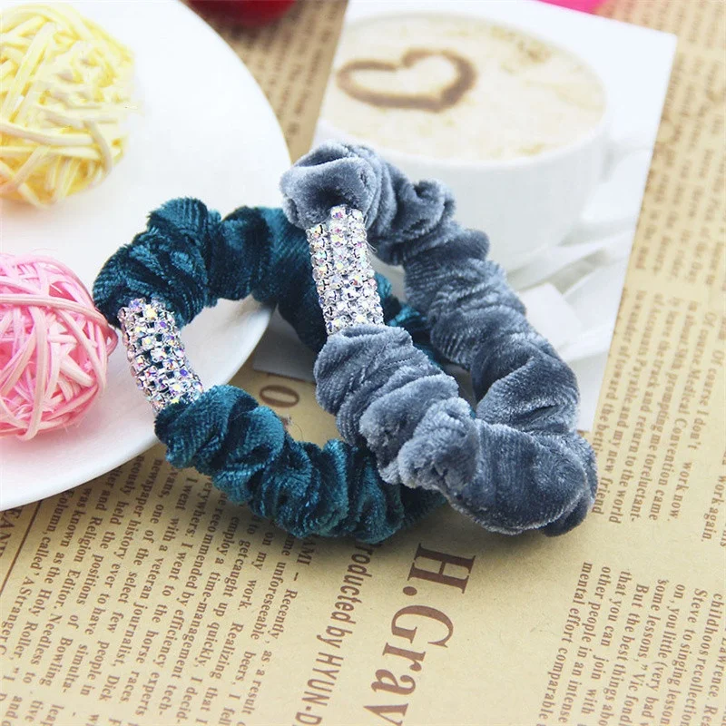 Custom Shiny Rhinestone Velvet Elastic Hair Rope Scrunchie Stretch Hair Tie For women Girl Hair Accessories Ponytail Holder