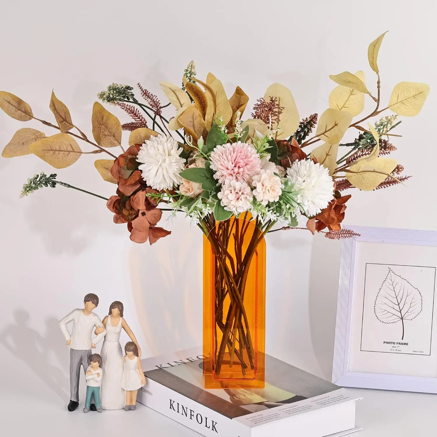 Modern Orange Geometric Acrylic Flower Vase Wide-Mouth Small Tabletop Bud Vase with Orange Flowers for Desk Centerpieces