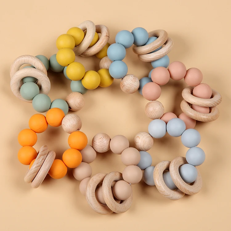 20mm High Quality Silicone Beads Teething Chew Toy Baby Wooden Teether Ring Soft Toy 9*7.5*4cm DL13-034 Eco Friendly CN;GUA 55g