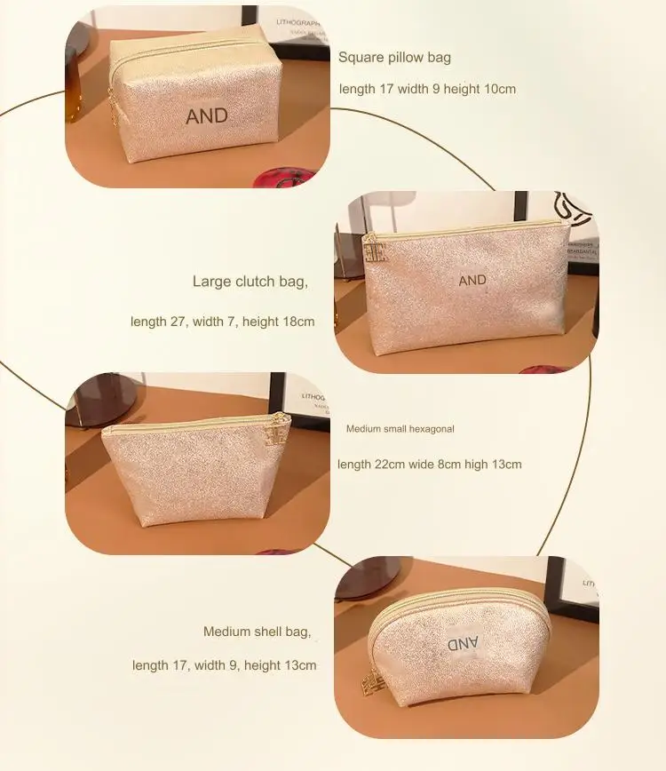 Personalized Logo Gold Shiny Vegan Leather Cosmetic Bag Portable Travel Makeup Zipper Pouch Designer  Makeup Brush Bag for Women