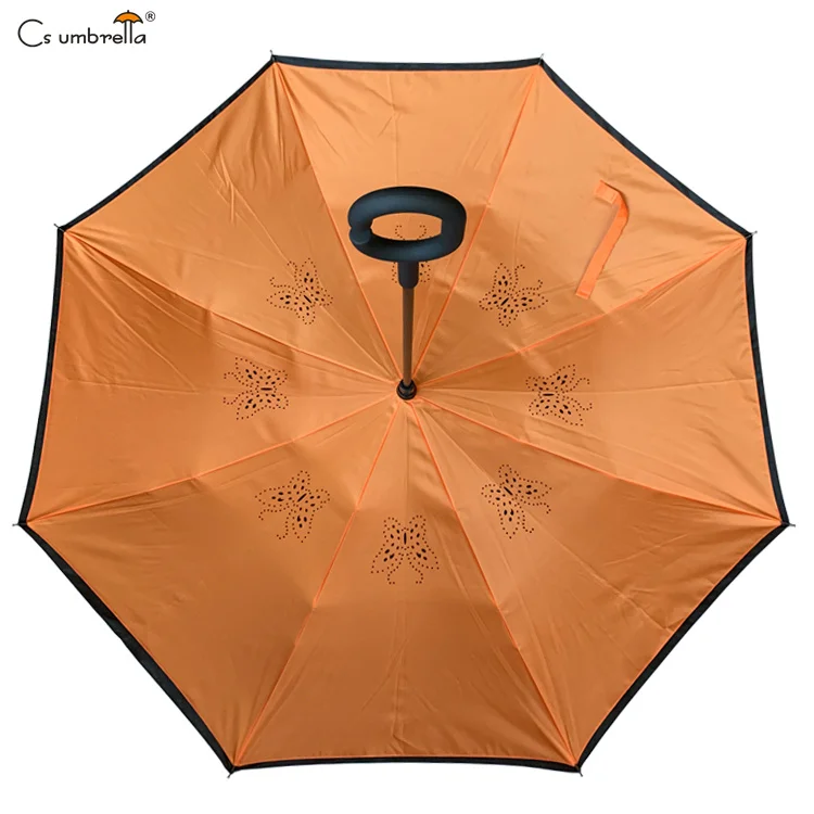 YS-8070 Upside Down Double Layer Inverted Umbrella Custom Logo Windproof Manual Open and Close C- Handle Reverse Umbrella